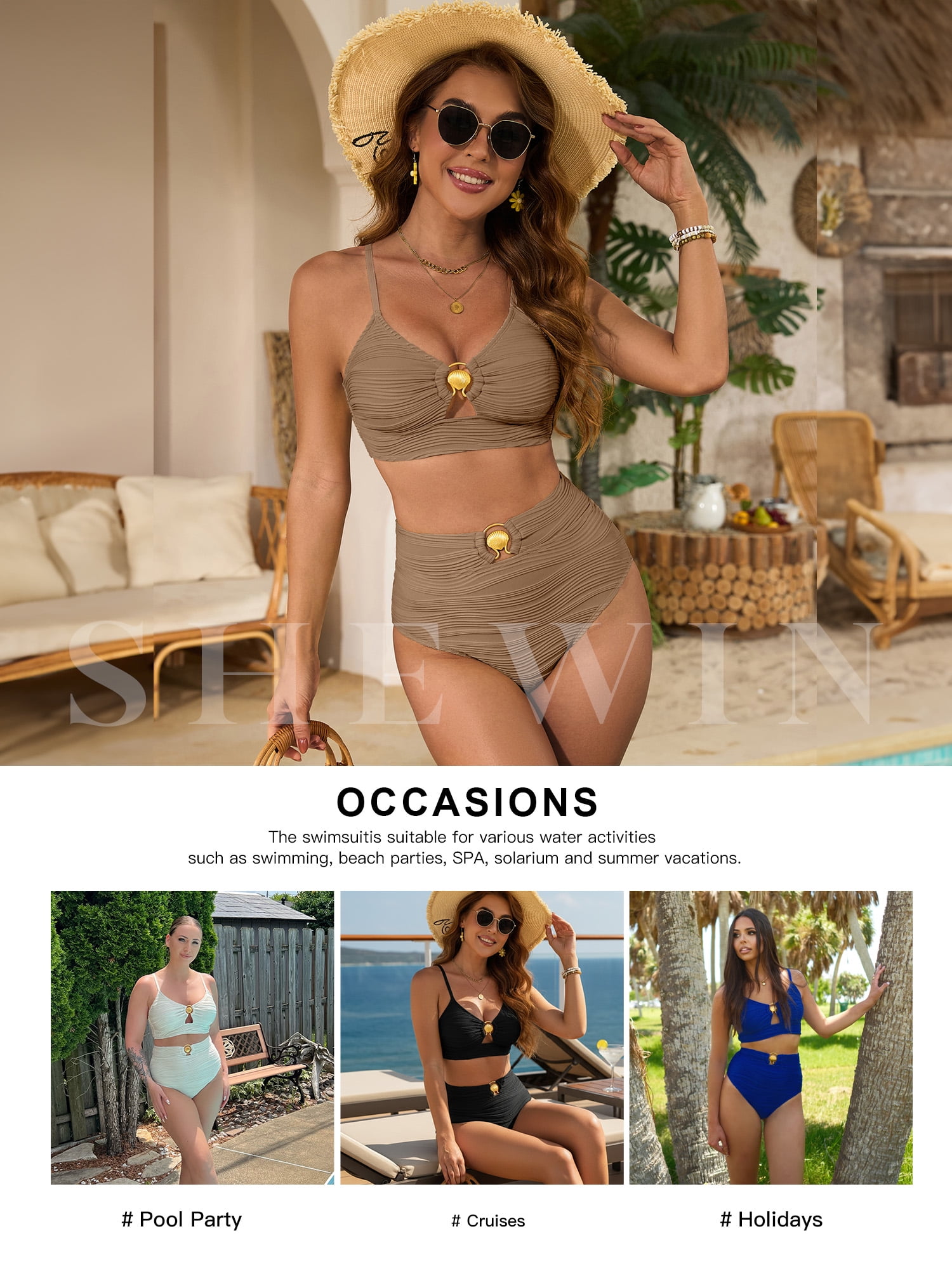 SHEWIN Swimsuit for Women 2 Piece Bathing Suits High Waist Bikini Sets Texture Swimming Suits Full Coverage Beach Essentials Khaki M