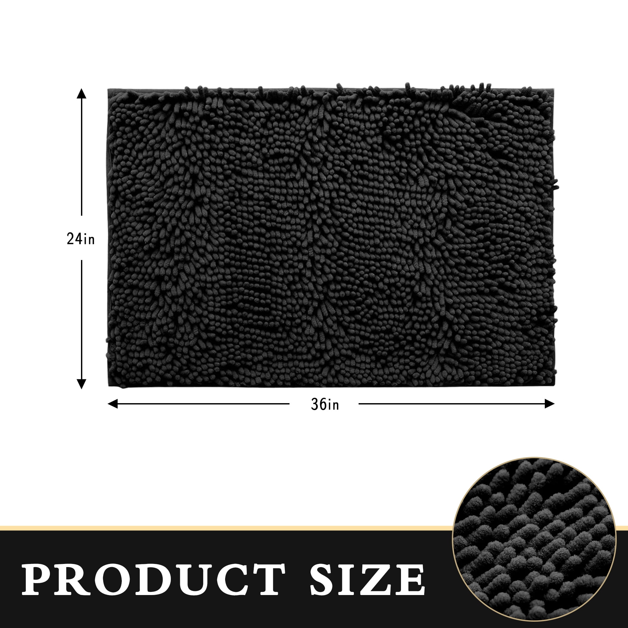 Furrygo Black Chenille Bathroom Rugs, Thick Soft Absorbent Bath Rugs, Machine Washable Bath Mats for Bathroom Floor, Tub and Shower