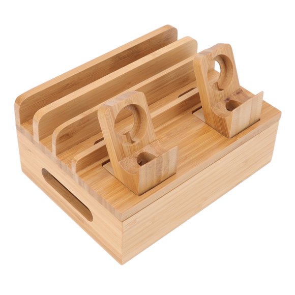 Charging Station Rack, Bamboo Wood Charging Station Decorative 5 Ports Save Space For Electronics For Mobile Phones For Office For Dorm Black,Natural Color
