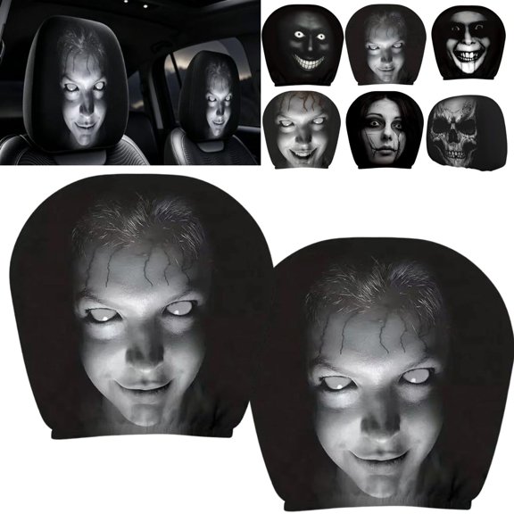 Halloween Car Headrest Covers Ghost Face 2 Pack, Cartoon Stretchy Seat Headrest Protector Soft Polyester Fabric with Funny Print for Auto Interior Decoration