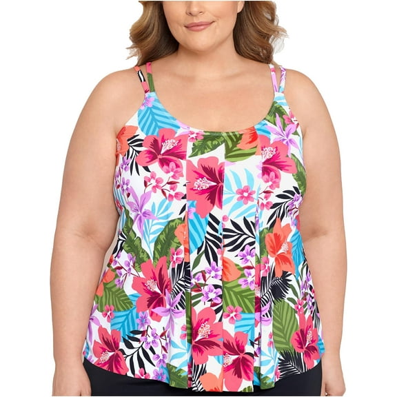 Swim Solutions Womens Plus Floral Double trap Tankini Swim Top