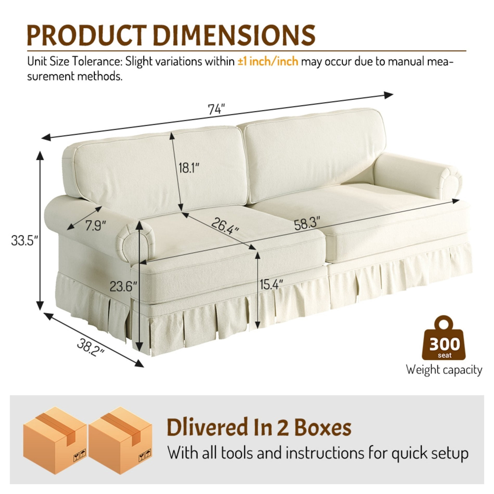 Alvantor 74" 3-Seater Cloud Sofa Couch Upholstered Chenille Couch with Rolled Arms & Pleated Skirt, Mid-Century Modern Sofa for Living Room Beige