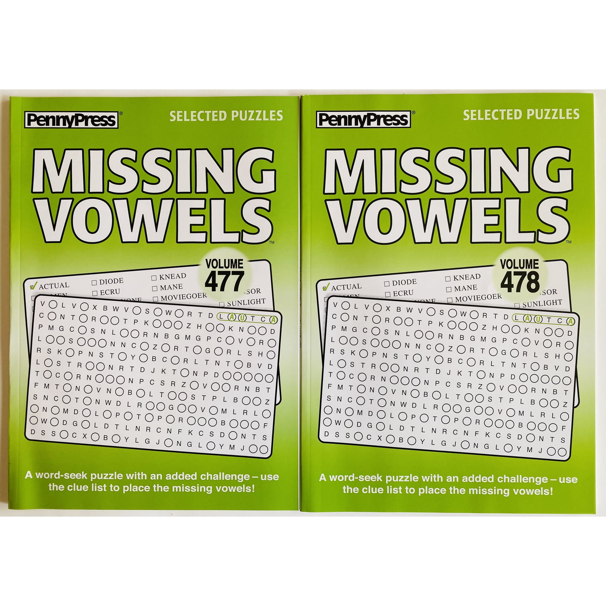 Volumes 477 and 478 of the Missing Vowels Word Search Seek Find from the Penny Press Selected Puzzles Variety Series