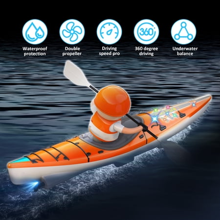 Mibescal RC Kayak Boat for Kids,Remote Control Shark Boat Toys W/LED Light for Pools/Lake/Bathtub,Never Capsize Summer Outdoor Water Toys Gift for Ages 4-8 Boys/Girls(Orange color)