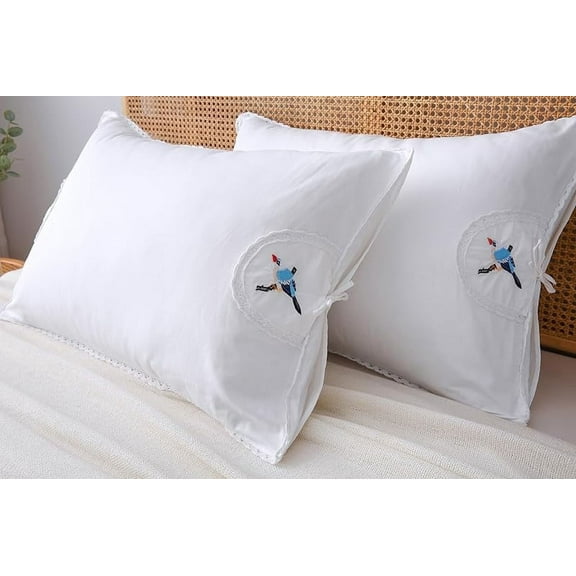 White Embroidery Pillowcases Bird Pillow Shams with lace 100% Cotton 2-Pack Standard Size 26"x20"