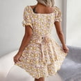 thumbnail image 2 of JAKANYQ Ladies Style Square Neck Bubble Sleeves Fragmented Flower Lace Up Waist Large Hem Casual Dress Loose Comfortable, 2 of 8