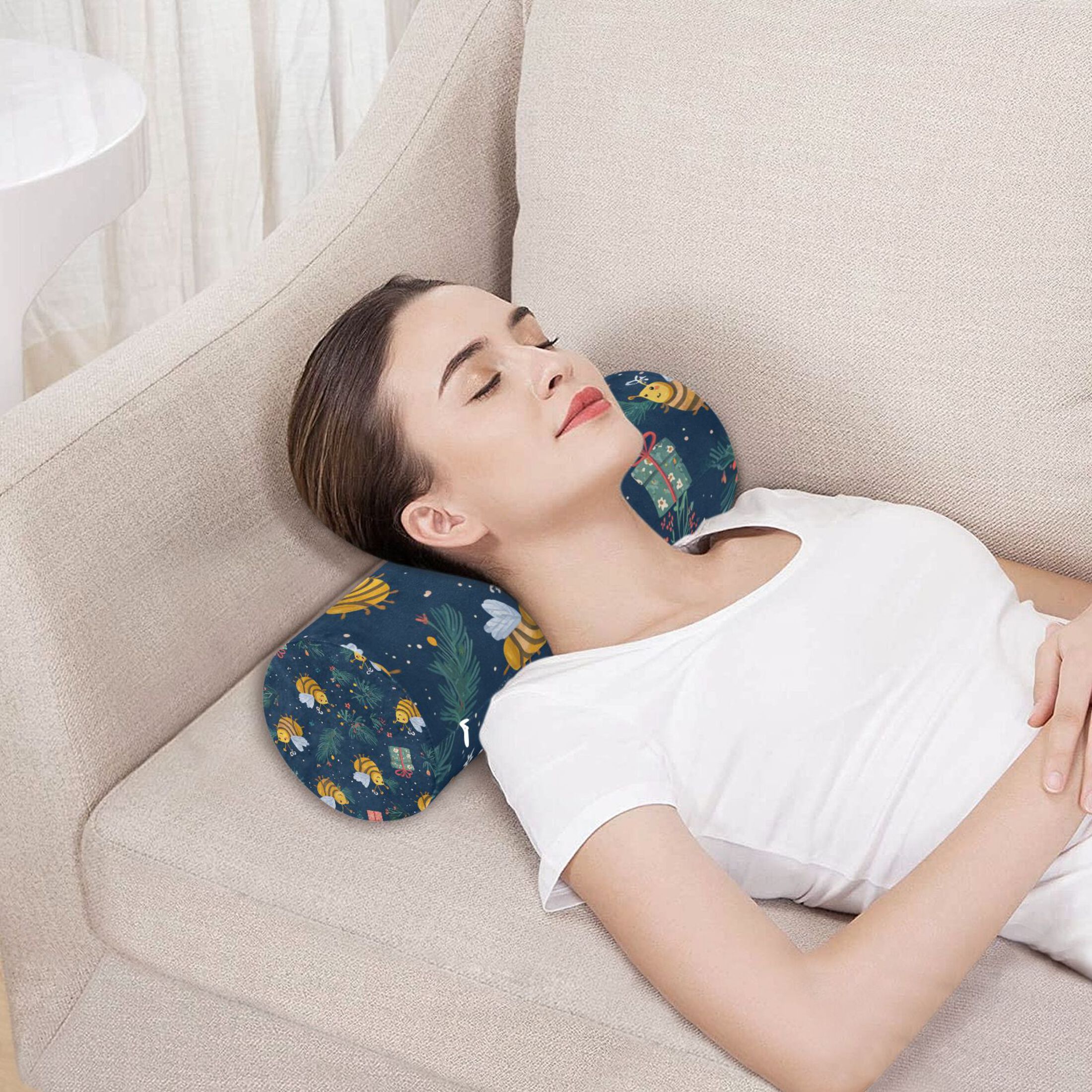 Neck pillow Round Cervical Pillow Cylindrical Pillow Lumbar Pillow Sofa Headrest Pillow Support For the Back, Neck and Head Warm Christmas Bees