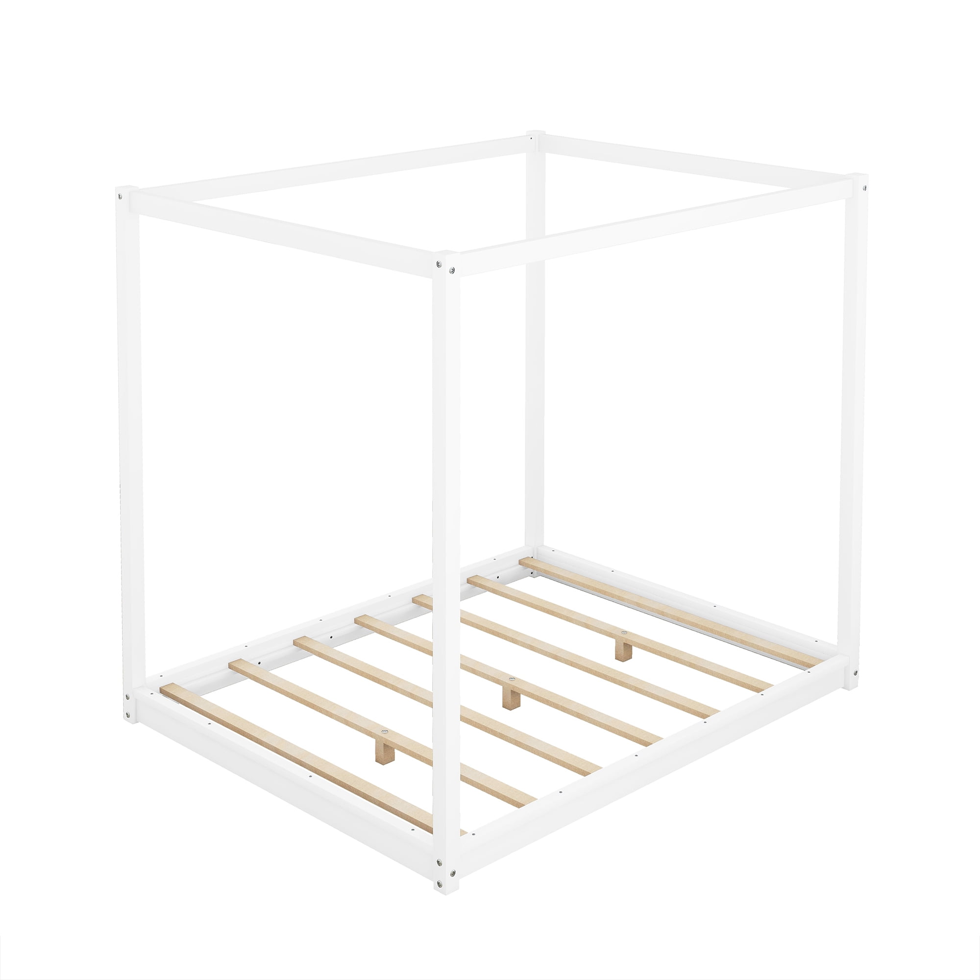 Euroco Wood Queen Size Canopy Platform Bed with Support Frame for Bedroom, White