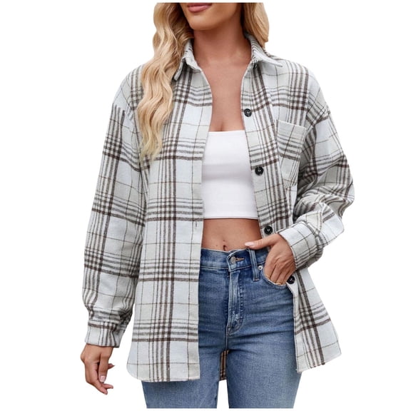 larppty Women's Casual Cotton Plaid Shirts Long Sleeve Button-Down Flannel Overshirt Jacket (White, XL)