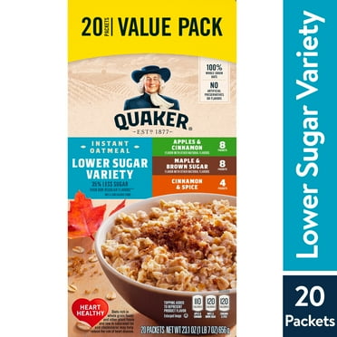 Quaker Instant Oatmeal, Lower Sugar Variety Pack, 1.16 oz, 20 Packets