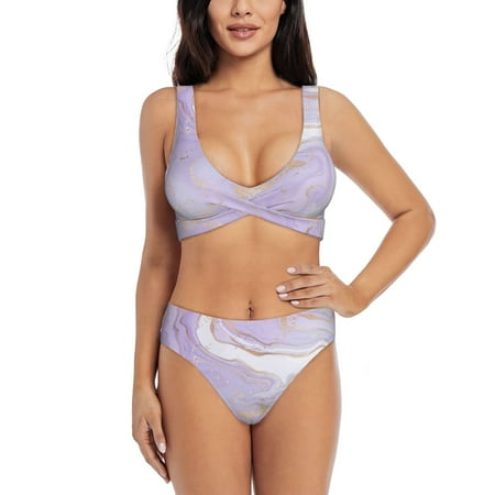 Zeuib Lavender Glitter Foil Stripes High Waisted Tummy Control Bikini Set - Knot Front Push Up Top & Cheeky Thong Bottom  Two-Piece Swimsuit for Women-Medium