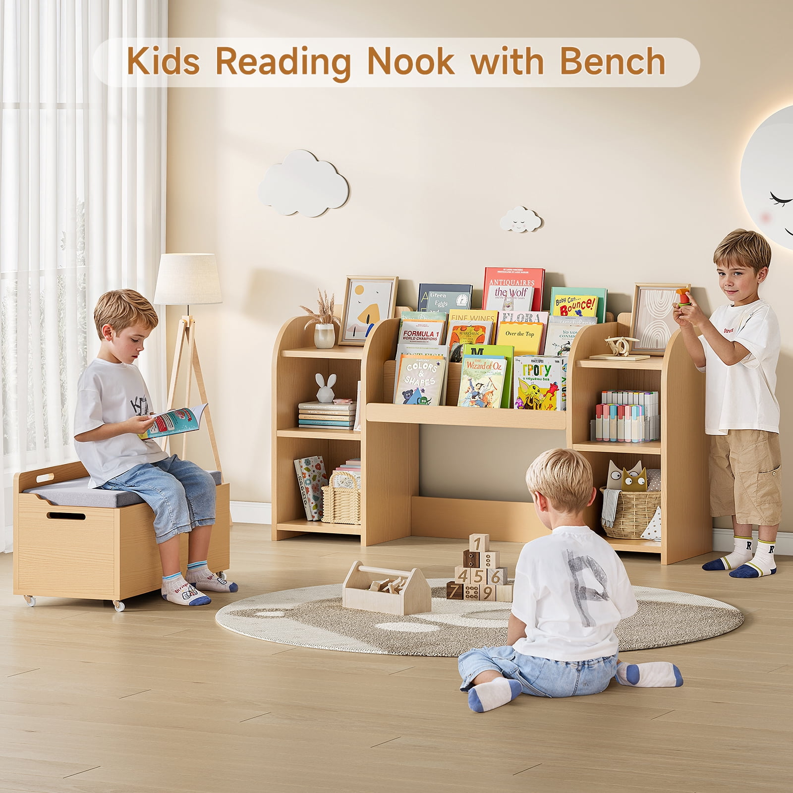 ROGALIS Kids Bookshelf with Reading Nook, 55.2" Toy Storage Organizer with Movable Bench with 3 Storage, 3-Tier Bookshelf, 6 Storage Cubbies for Bedroom, Playroom