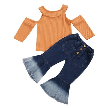 

Bagilaanoe 2pcs Toddler Baby Girl Long Pants Set Off Shoulder Long Sleeve Knitted T-Shirt Tops + Bell Bottom Jeans Flare Trousers 18M 24M 3T 4T 5T 6T 7T Kids Casual Outfits