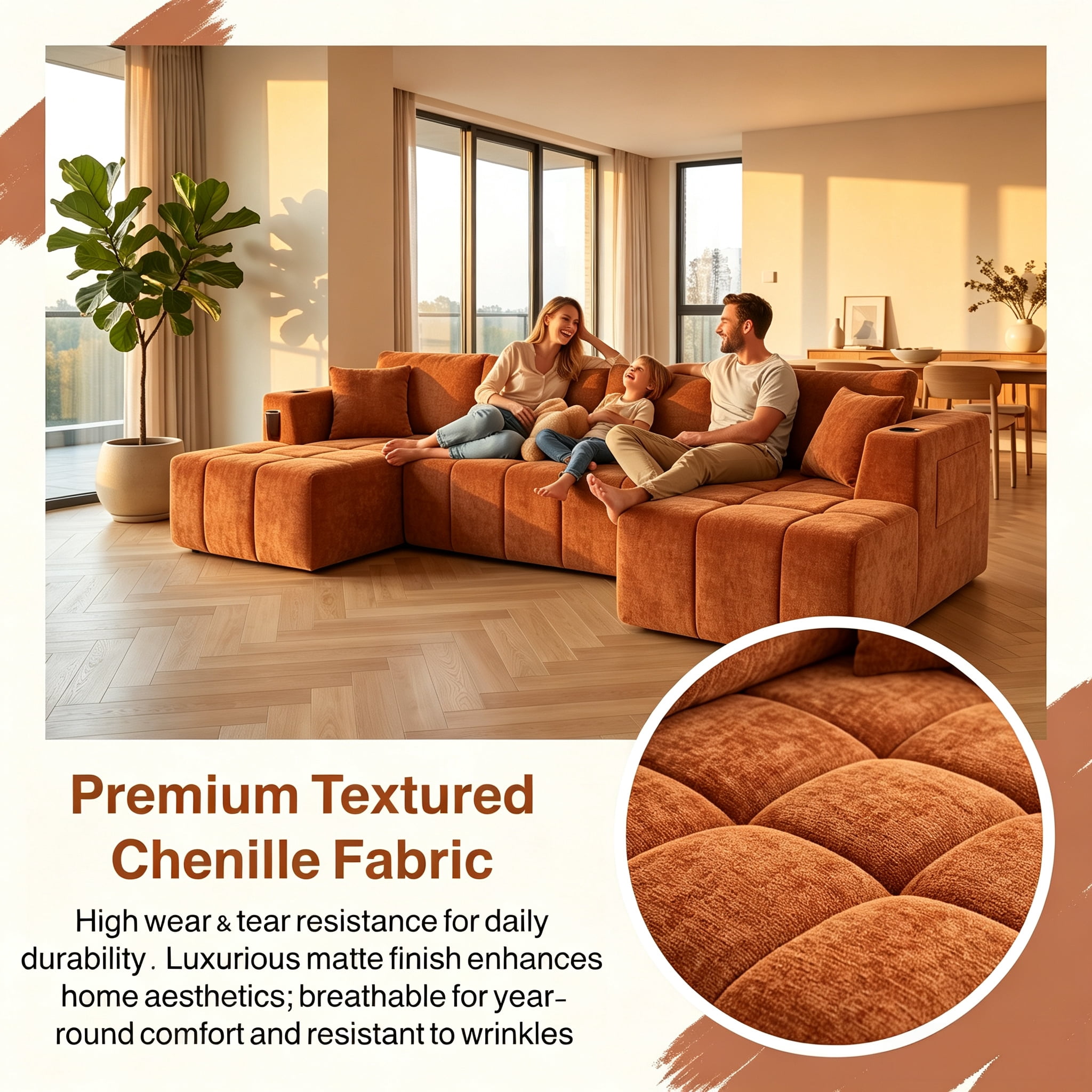 ShiKeyi 132.5" Modern U-Shaped Modular Sectional Sofa with Double Chaise, Premium Chenille Fabric Cloud Couch Set with Cup Holders & Storage Pockets for Living Room, Orange