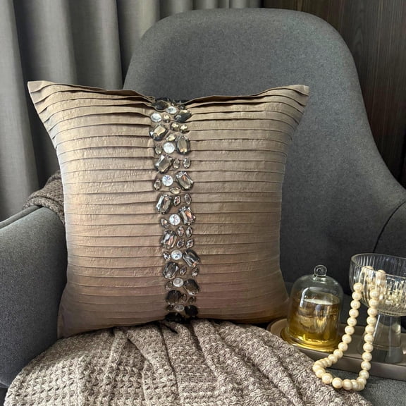 Throw Pillow Covers, Champagne Brown Pillow Covers 16x16 inch (40x40 cm), Silk Couch Pillow Cases, Striped, Pintucks, Textured, Crystals, Contemporary Accent Throw - Almost Real