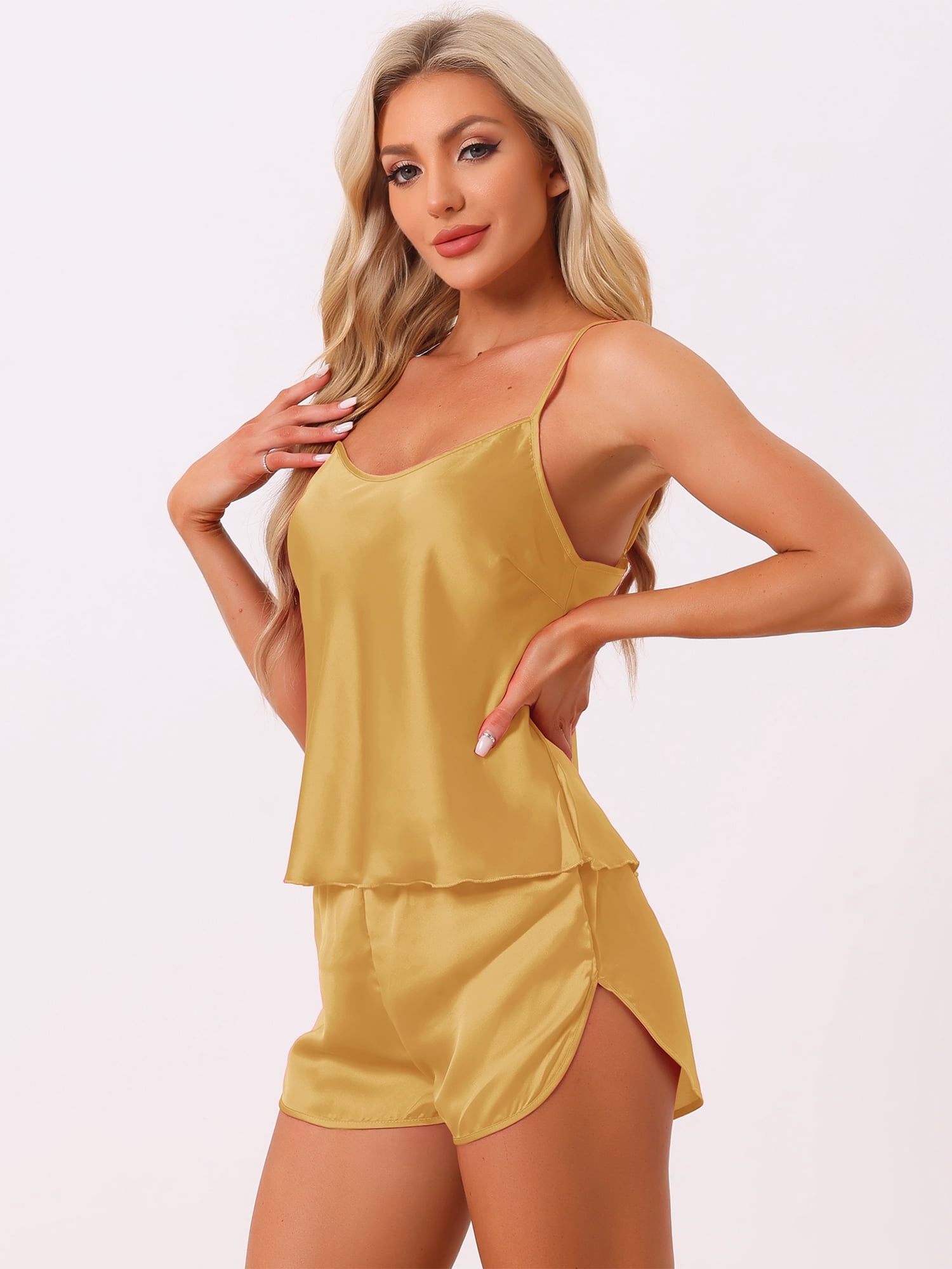 DARING DIVA Women's Satin Pajamas Sets Cami Sleepwear Silky PJ Set with Shorts M Glod