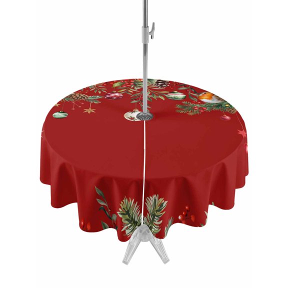 Outdoor Tablecloth with Umbrella Hole and Zipper, Red Christmas Round Table Cloth 60 Inch Waterproof Tablecloth, Xams Tree Winter Poinsettia Pine Cones Picnic Table Cover for Patio Camping