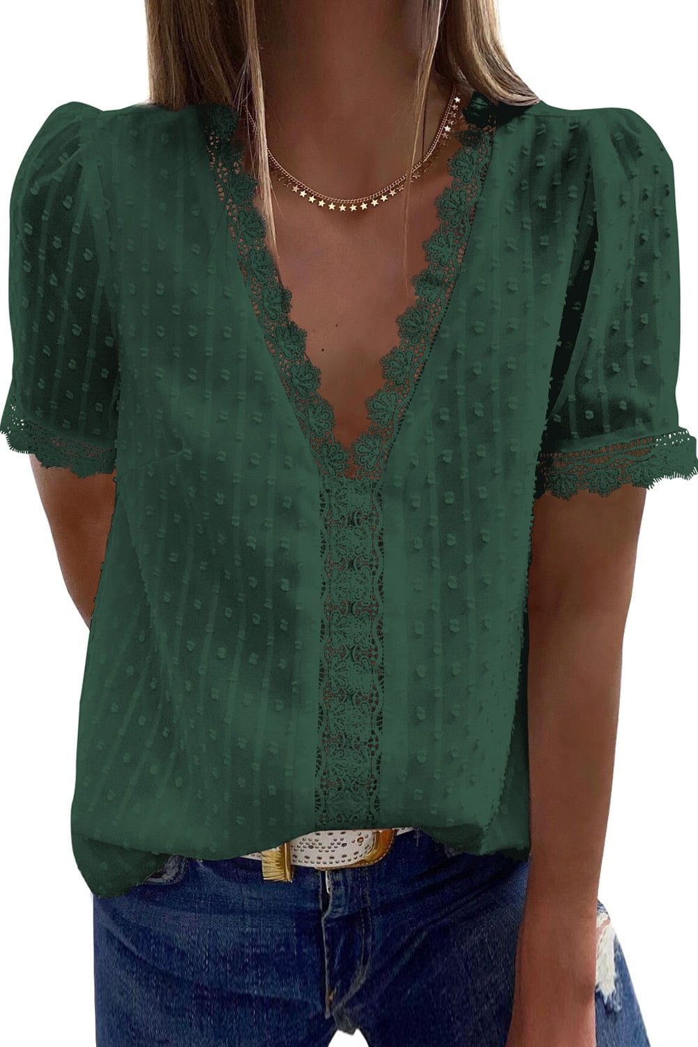 V Neck Lace Tunic Tops Flowy Casual 