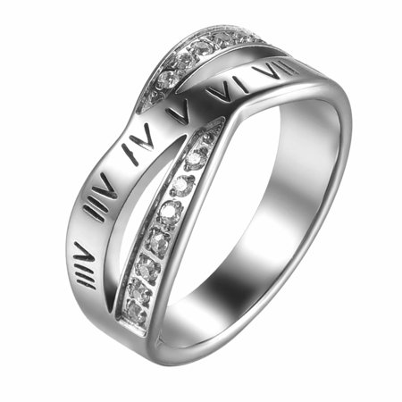 Womens Stainless Steel Cubic Zirconia Inlayed Roman Numberals Band Ring Size 6-9