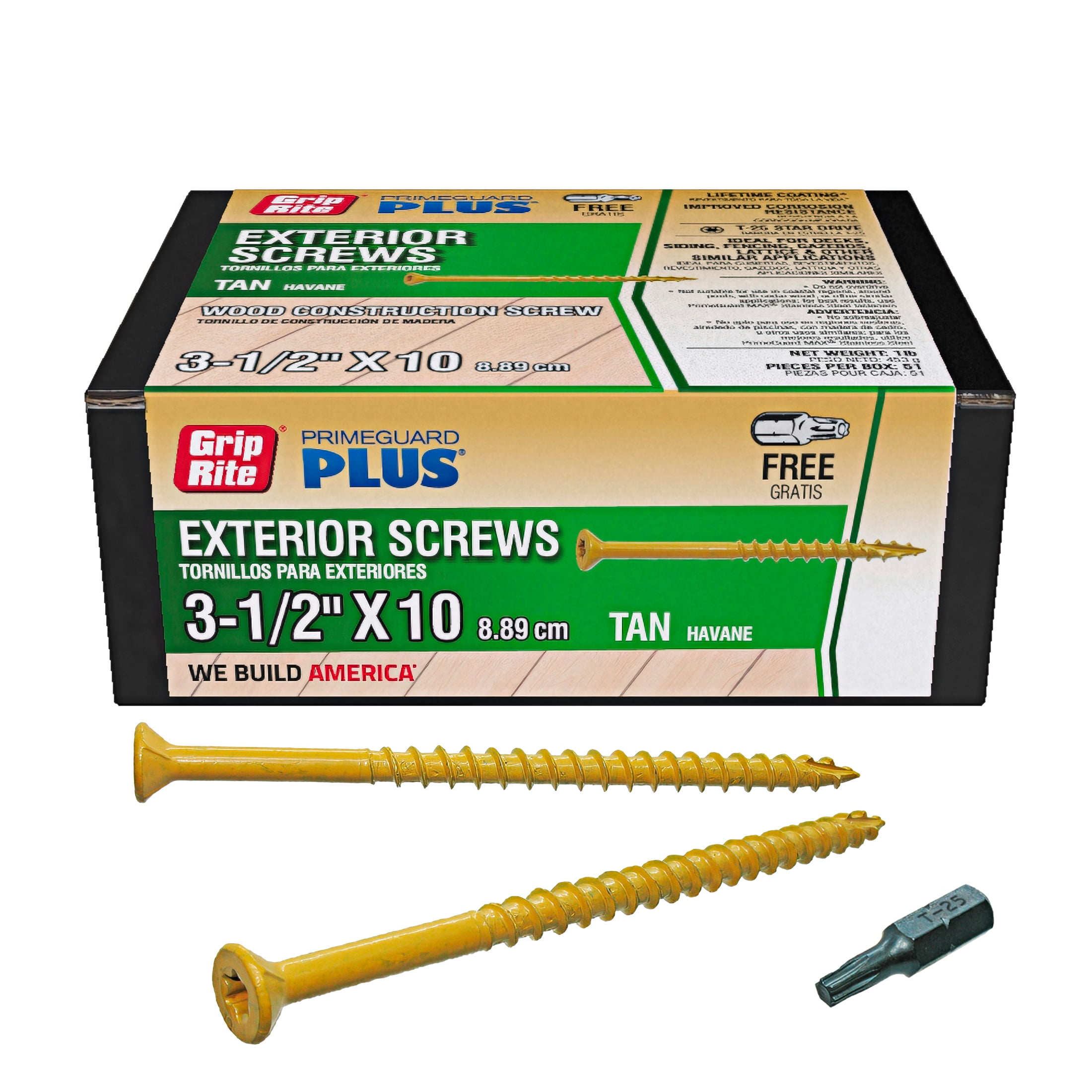 (4 pack) Grip-Rite PrimeGuard Plus #10 x 3-1/2 in. Tan Wood to Wood Deck Screw 1lb.