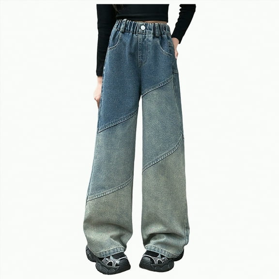Hessimy Girls' Jeans Wide-Leg Whiskered Streetwear Loose Montage Jeans Pants Teen Clothing Justice Girls Clothing Little Girl Toddler Girl Cargo Pants (Blue,11-12 Years)