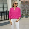 thumbnail image 4 of Previn Women's 3/4 Sleeve Blouse Puff Sleeve Top High Neck Summer Casual Chiffon Half Sleeve Soft Top Pink Medium, 4 of 5