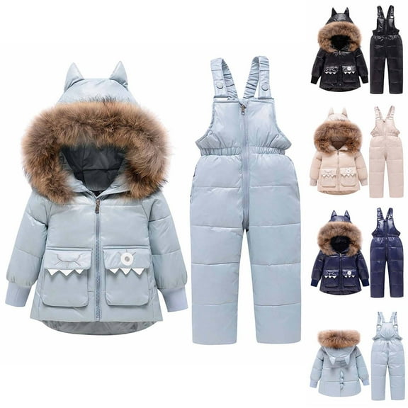 Winter Toddler Boys and Girls Warm Jackets Thickened Down Jacket Strap Pants Two-piece Suit