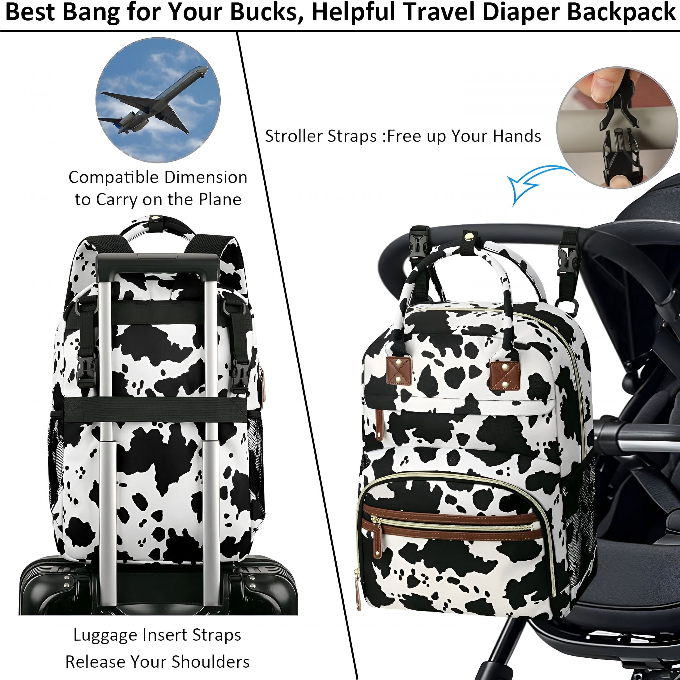GASTROPOD Large Capacity Baby Diaper Bag Backpack with Insulated Pockets,Waterproof,Stylish Cow Print Design,Suitable for Boys and Girls