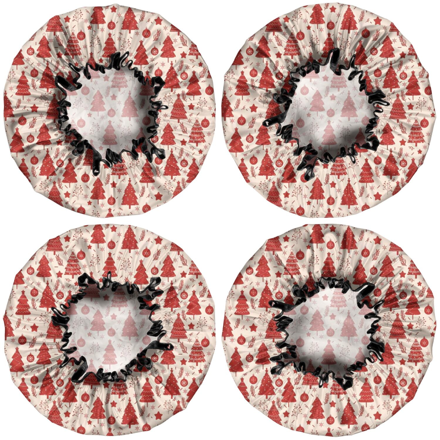 Shower Caps,Red Christmas Tree Pattern Waterproof Shower Cap for Women 4 Pieces,Double Reusable Hair Cover for Shower PEVA Elastic Stretch Hem