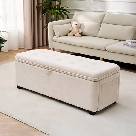 Storage Ottoman Bench, Bench for Bedroom End of Bed, Ottoman with Storage for Living Room and Entryway (Chenille-Ivory)