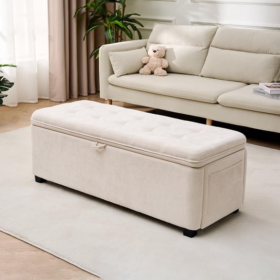 Storage Ottoman Bench, Bench for Bedroom End of Bed, Ottoman with Storage for Living Room and Entryway (Chenille-Ivory)