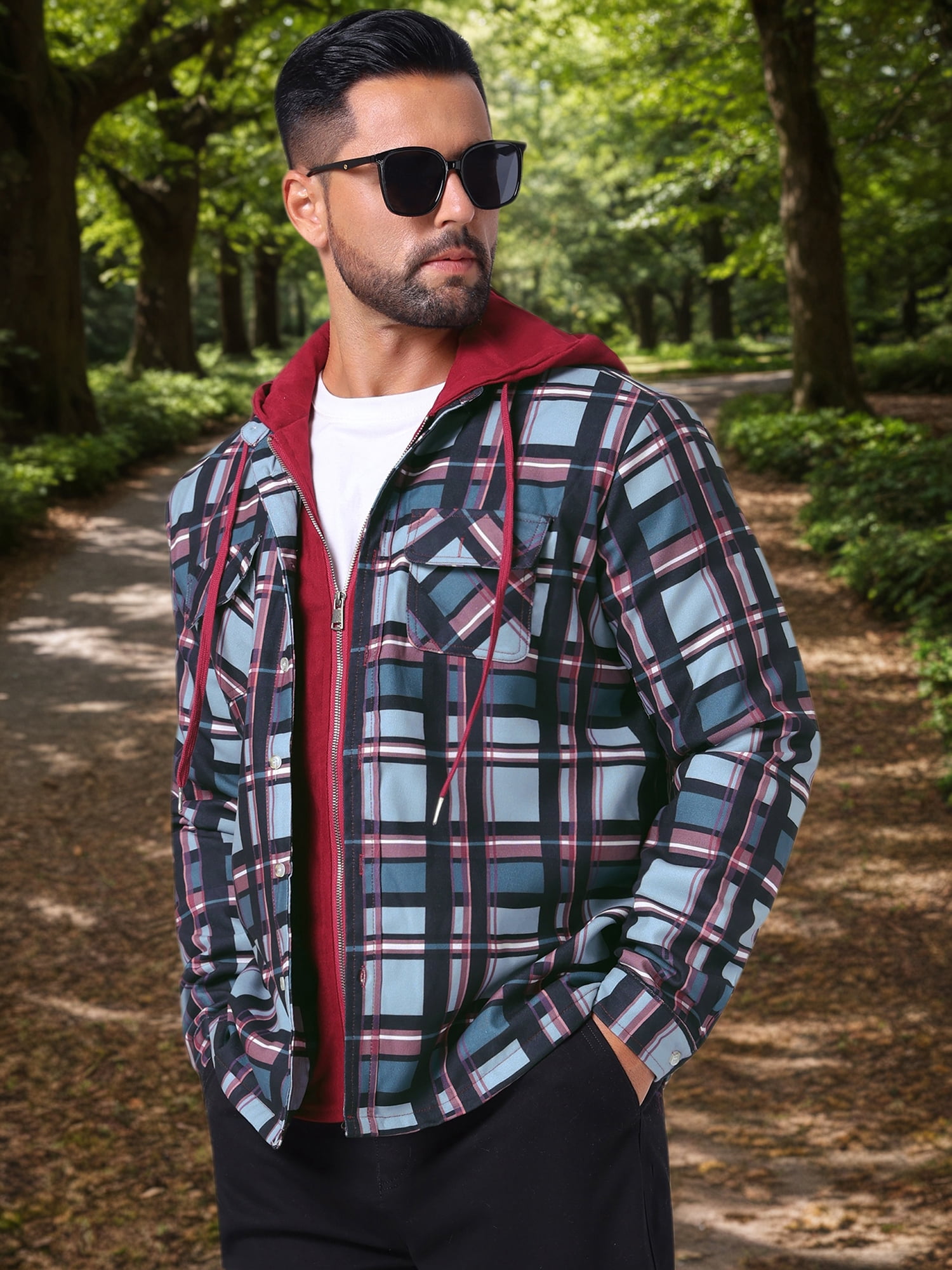 DARING DIVA Shirt Jacket Drawstring Hooded Plaid Shacket M Red Gray