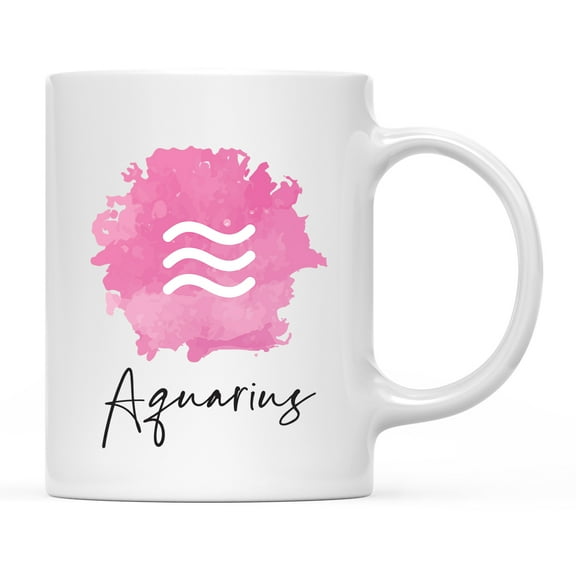 Koyal Wholesale Zodiac Sign Ceramic Coffee Mug, Aquarius Sign Symbol, Pink Watercolor Design