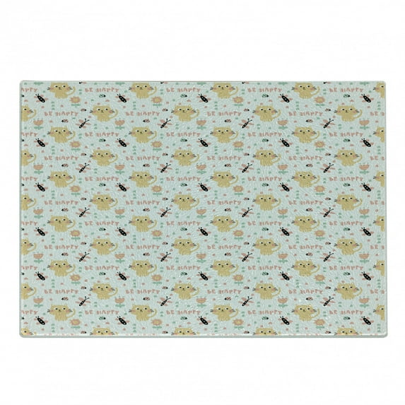 Nursery Cutting Board, Pastel Childish Pattern Kittens Butterflies Ladybugs and Flowers, Decorative Tempered Glass Cutting and Serving Board, in 3 Sizes, by Ambesonne