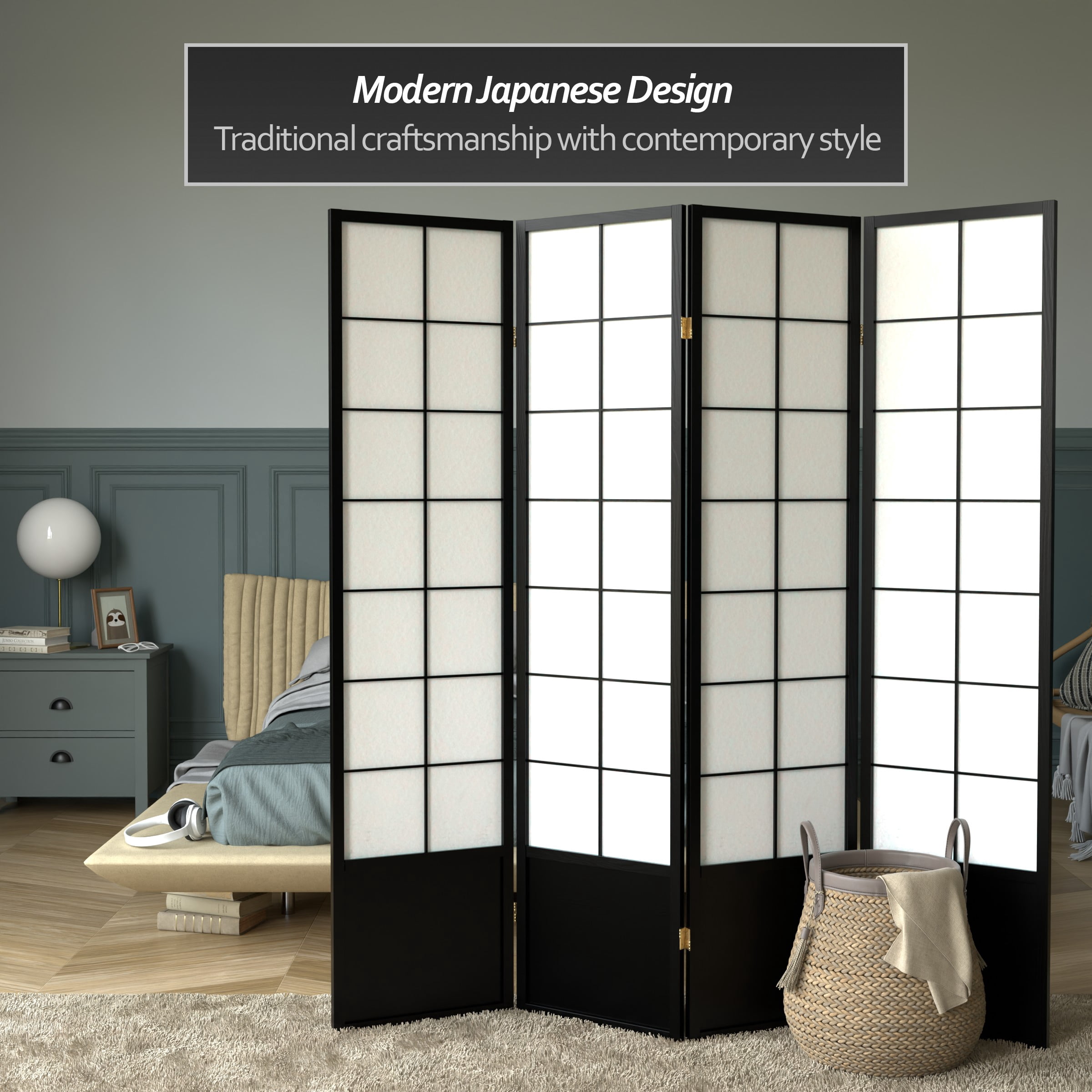 6 ft. Tall Premium Japanese Design Wide Window Pane Screen - Black - 4 Panels