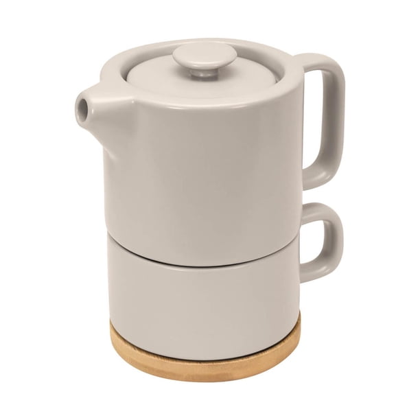 Set de té de cerámica y bambú apilable-hunni beige 14.4 x 15 x 9.6