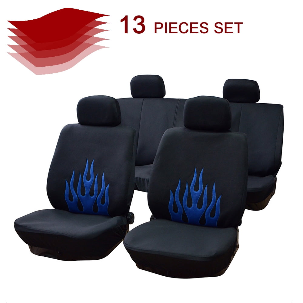 100% Breathable Mesh Cloth Embroidery Design Stretchy Auto Seat Cover for Most Cars ECCPP Universal Car Seat Cover w/Headrest Covers/Steering Wheel Cover/Shoulder Pads Black/Blue 