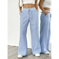 thumbnail image 2 of Plus Size Linen Striped Pants for Women Drawstring Long Pants Slim Trousers with Pockets, 2 of 4
