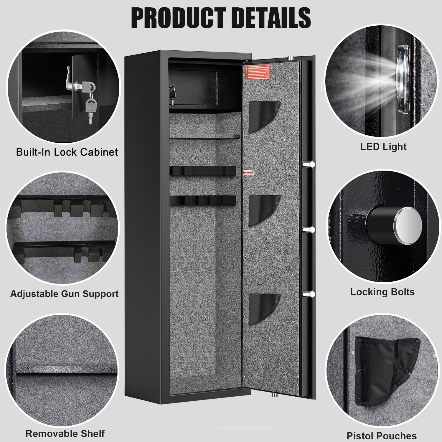 Riflevault 5–8 Gun Safe with Combination Lock, Fireproof & Anti-Theft Steel Rifle Cabinet for Shotguns, Adjustable Shelves, Silent Alarm Mode