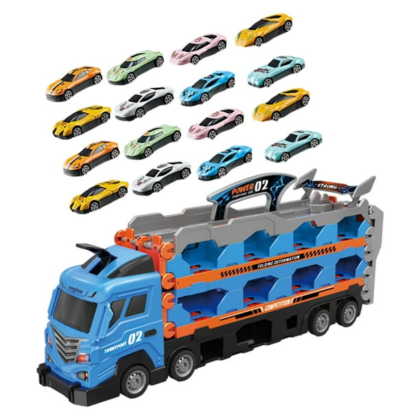 Camiones de juguete, gran camión transportador, juego de juguetes para niños de 1 año. azul con 16 coches
