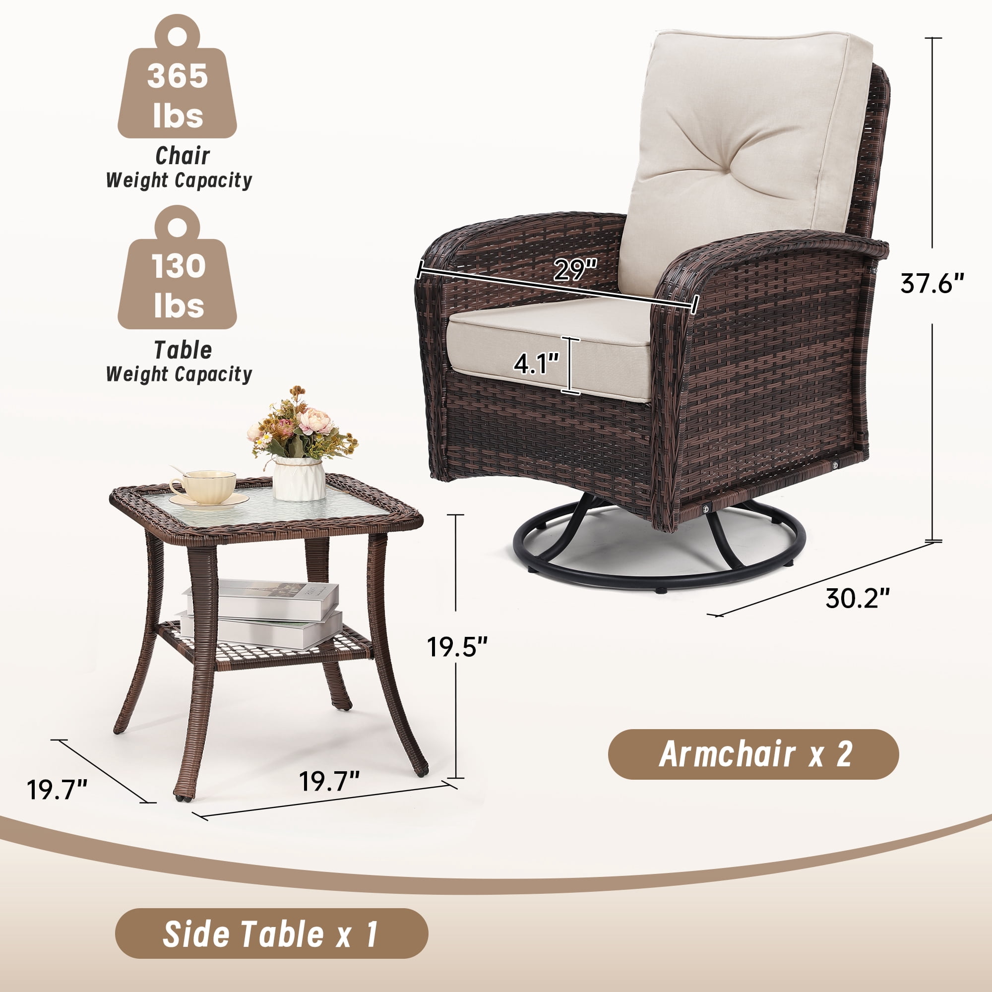 Melocadol Patio Wicker Glider Set, 2 Swivel Chairs with Matching Table, Comfy Washable Seat Cushions, Premium Outdoor Furniture for Garden, Balcony, Brown Rattan， Beige Cushions