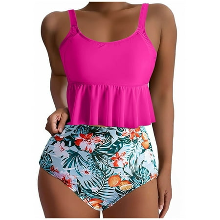 Taqqpue Beach Vacation Swim Suits for Women 2025 Tankini Swimsuits High Waisted Bikini Sets Two Piece Swimsuits Tummy Control Bottun Ruffled Flounce Tops Scoop Neck Cheeky Bathing Suits