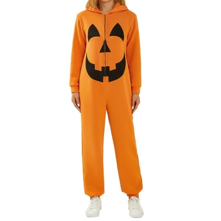 

Seyurigaoka Halloween Jumpsuit Unisex Couple Onesies Jumpsuit Pajamas Print Long Sleeve Zip Hooded Romper Sleepwear for Women Men
