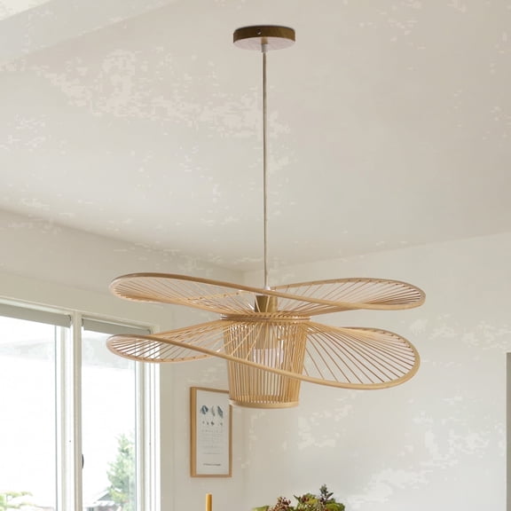 Booniture Bamboo Pendant Light, 71" Max Hanging Length, 1-Light E26 Ceiling Fixture with Linen Shade, Beige, for Living Room, Dining Room, Bedroom