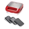thumbnail image 1 of Betty Crocker 3 en 1 parrilla de interior, sándwich/Panini Press & Waffle Maker Plus, parrilla eléctrica interior con placas antiadherentes intercambiables, 750 vatios, BC-4965R, rojo, 1 of 5