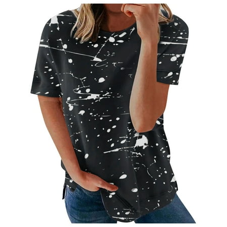 

Outtop Women O-Neck Casual Short Sleeves Print Color Matching Shirts Top Blouses