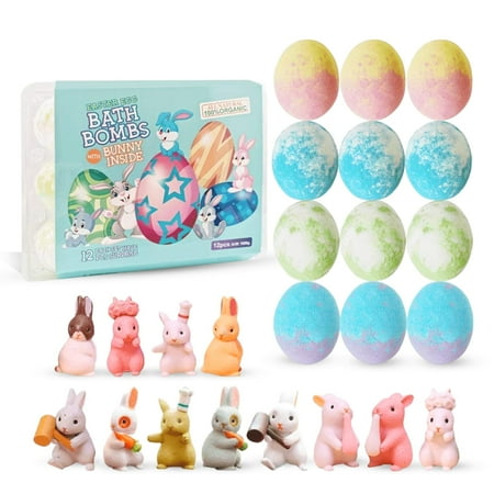 12 Pack Natural Organic Easter Egg Bath Bombs for Kids with Surprise Bunny Toy Inside, Fruity Scents, Gift Set for Birthday Easter and Christmas, Easter Basket Stuffers