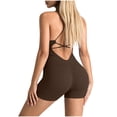 thumbnail image 6 of Women’s Seamless Yoga Jumpsuit One Piece Workout Romper, Backless Criss Cross Spaghetti Strap Bodycon Short Bodysuit for Gym Fitness Running Pilates Brown L, 6 of 7