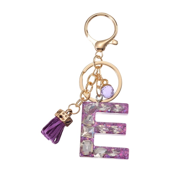 Initial Letter Keychain, Cute Alphabet Letter-E Charm with Tassel Ball, Purple