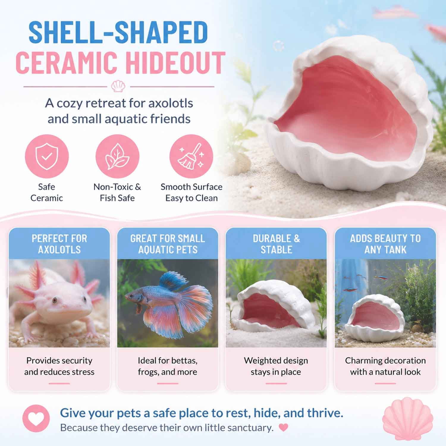 Extra Large Shell Shape Double Sided Glaze Axolotl Hide Ceramic Fish Tank Cave, Fish Tank Decor Shelter for Small Pet Frog Fish Betta